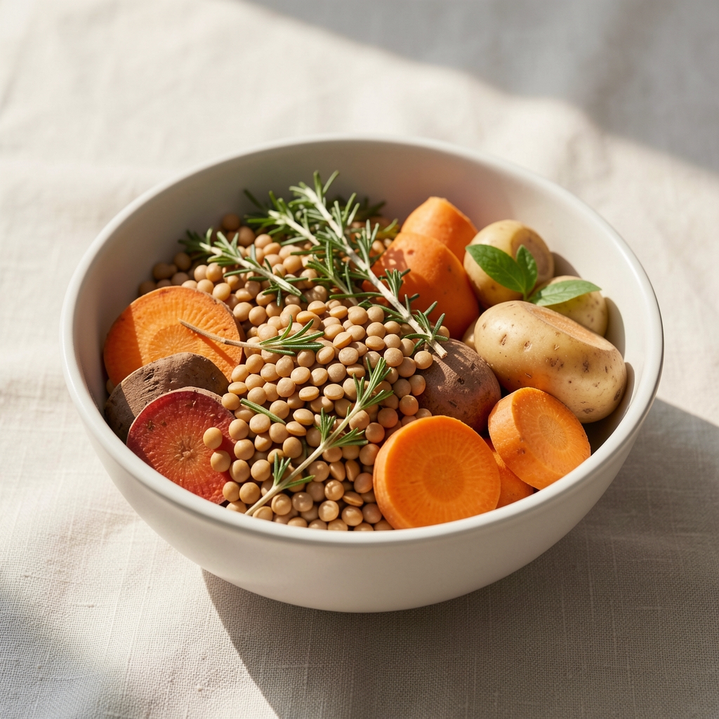 Bowl of whole foods — lentils, root vegetables, and fresh herbs — in natural morning light on a pale linen surface